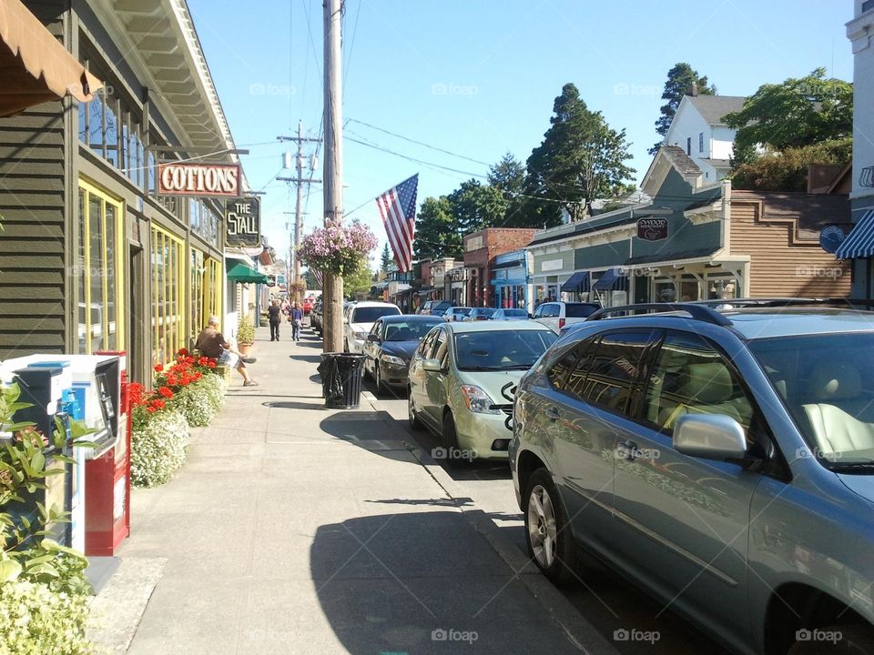 Main Street downtown La Connor, Washington State during the April tulip festival is a quaint shopping experience