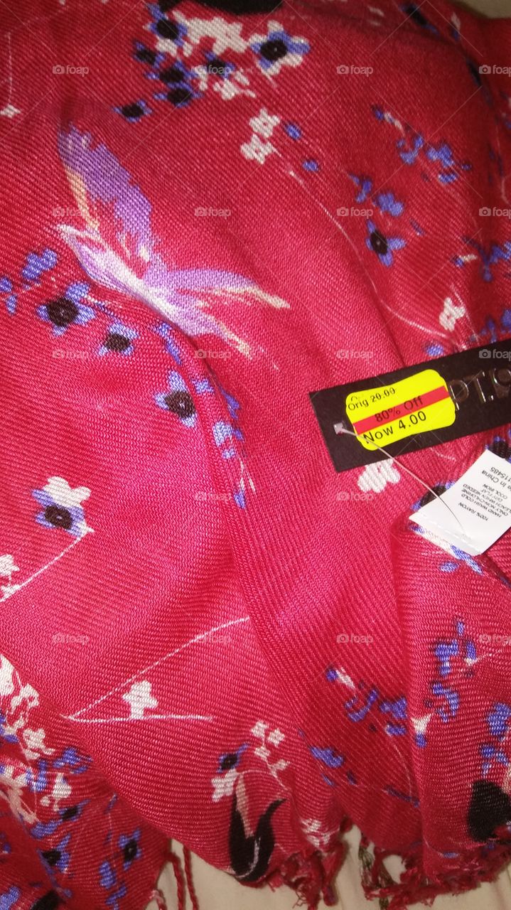 Red Scarf with Birds with Sales Tag