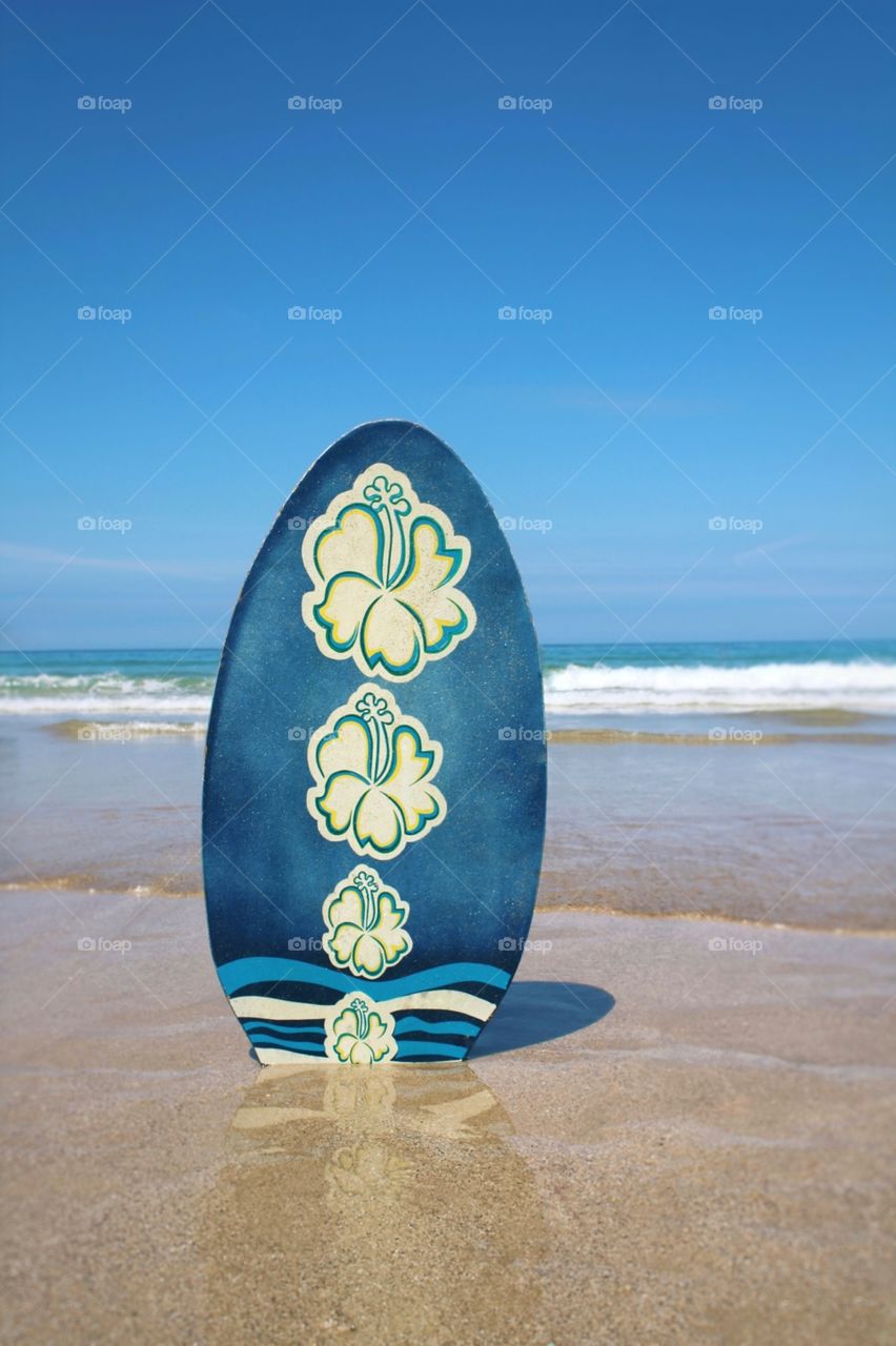 Skim board on the beach in front of the sea on a bright sunny day