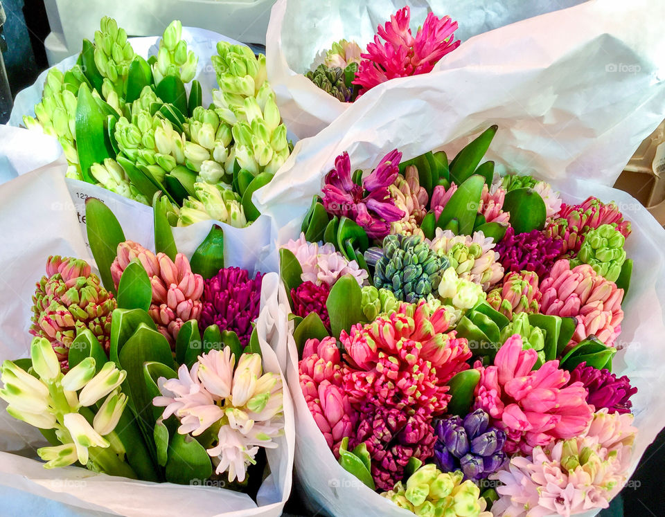 Bouquet of vibrant coloured flowers at market in France