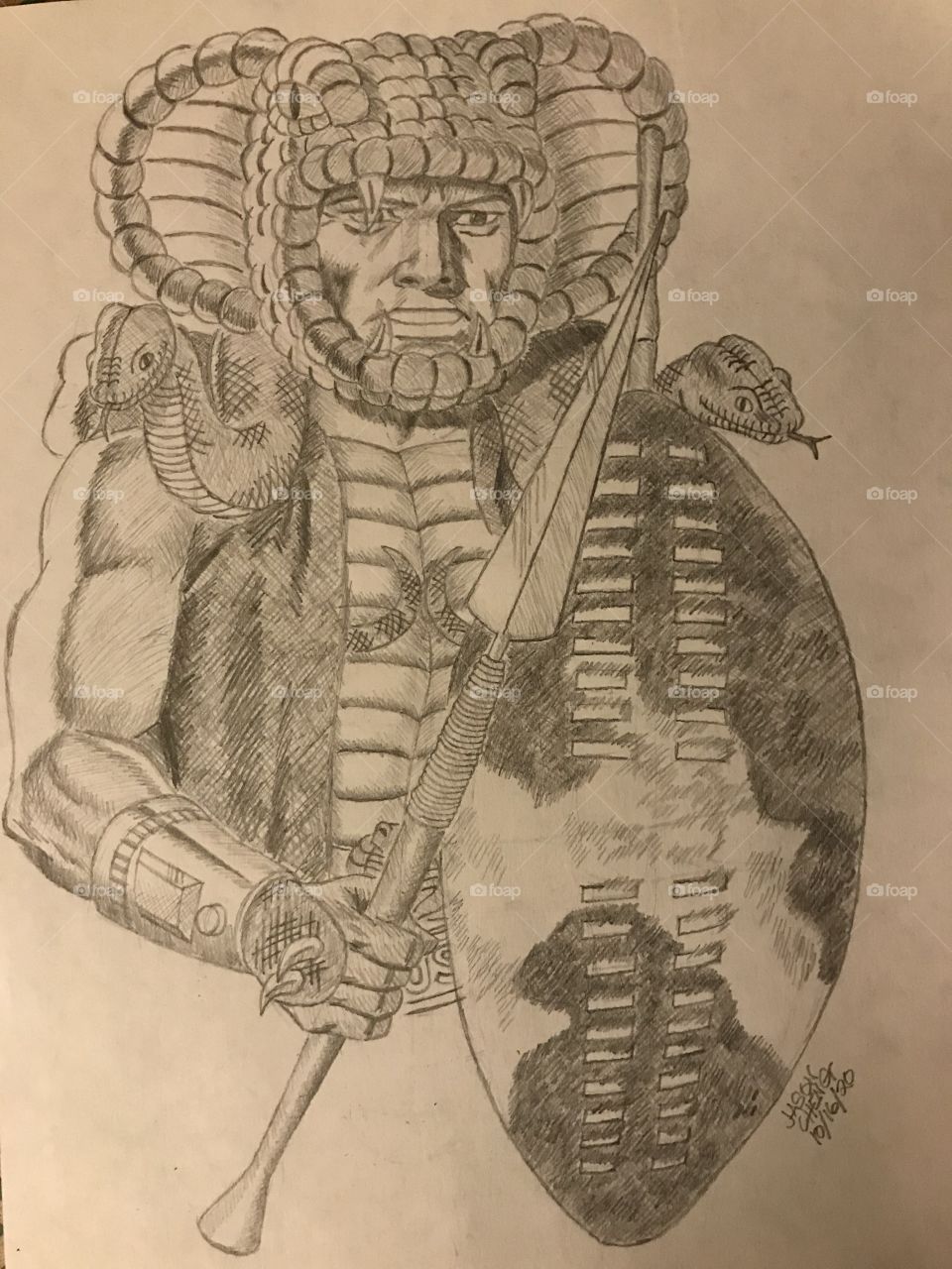 A pencil rendering of Serpentor, the Cobra emperor from GI JOE: A REAL AMERICAN HERO.