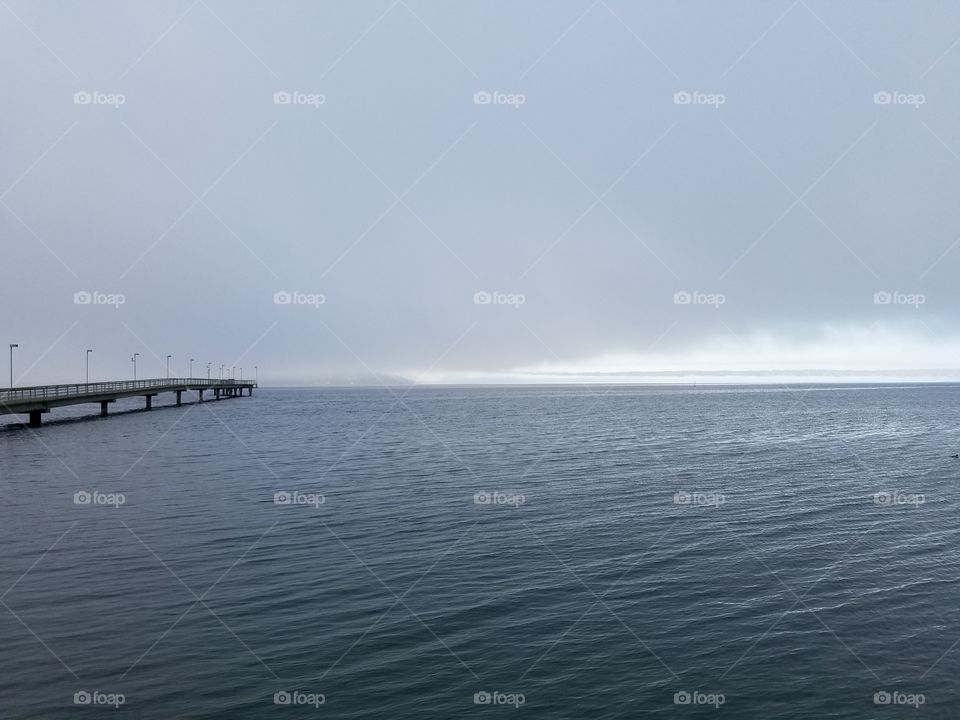 pier, morning fog