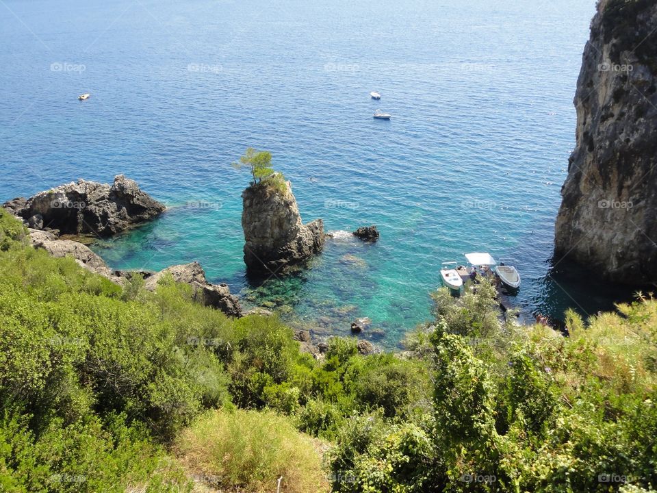 High angle view of boats moored at sea