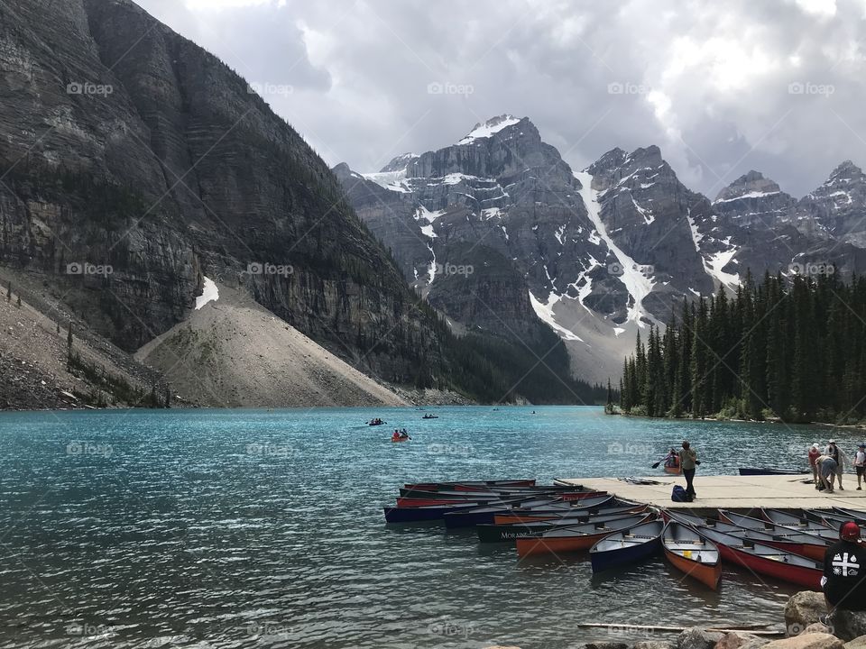 The beautiful turquoise waters in Banff National Park are credited to deep waters and rock salts that are suspended in the glacial water forming these mountain lakes