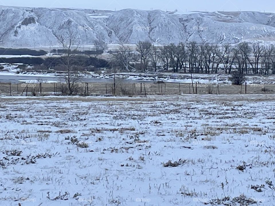 Not much snow covering this field in the prairies, before the South Saskatchewan River by Medicine Hat, Alberta, Canada, with the brown trees, rolling hills of the coulees and cloudy blue sky’s in the background