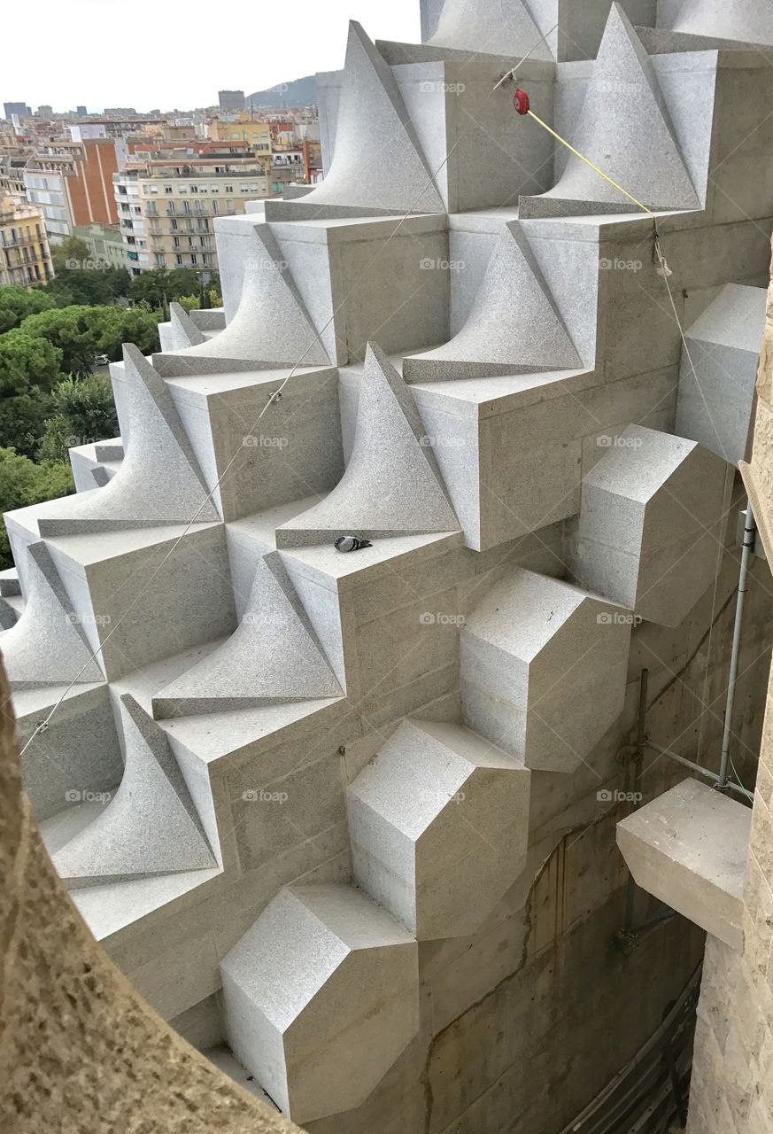 Pigeon resting on la sagrada familia structure in Barcelona 