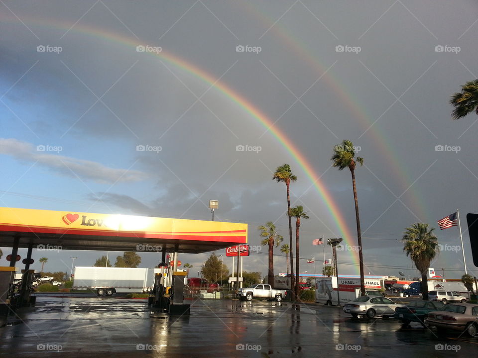Double rainbow at Santa Nella,  California. Santa Nella rest stop