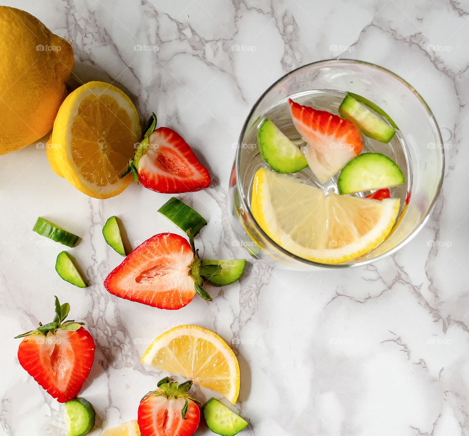 Cucumber, lemon, and strawberry water 