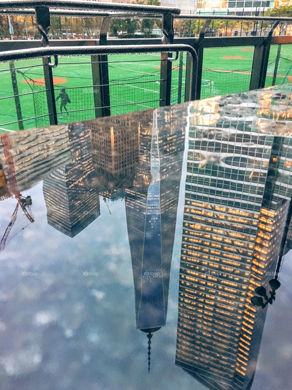 One World Trade reflection from Battery Park Ballfields 