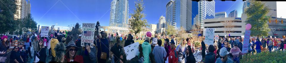 Women’s march, Jan 21, 2018,Not my president, Charlotte in C, protest, people, Voice, Donald Trump, not my president, unqualified POTUS, Equality, outrage, Personal power, take a stand, progressive, Panoramic, uptown, city, Take to the streets, signs