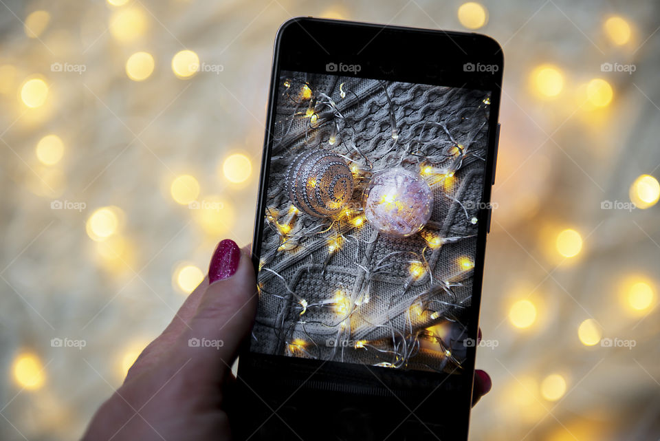 Christmas ornaments on bokeh light background