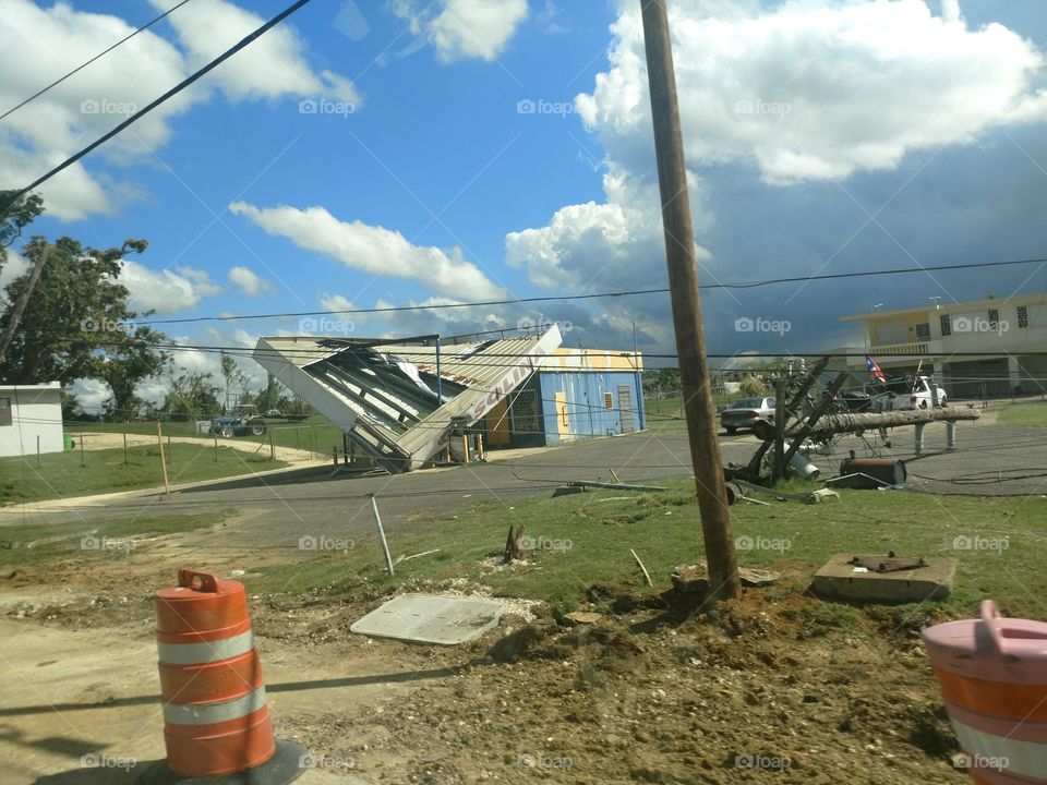 Gast station collapsed by strong winds from hurricane. PR