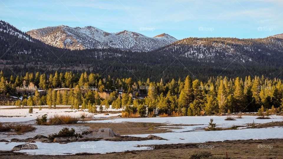 Snow on mountains.