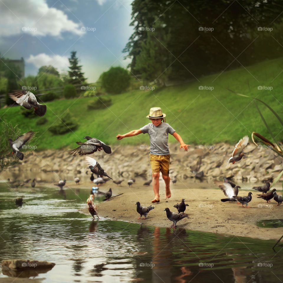 Boy is running after birds