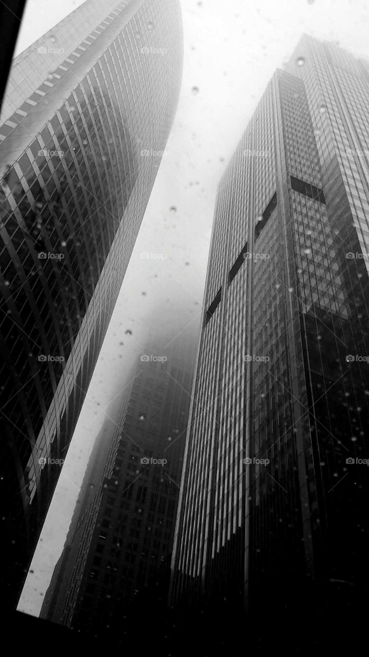 Chicago Skyscrapers. Take from inside a car through the sunroof. Love the raindrops. 