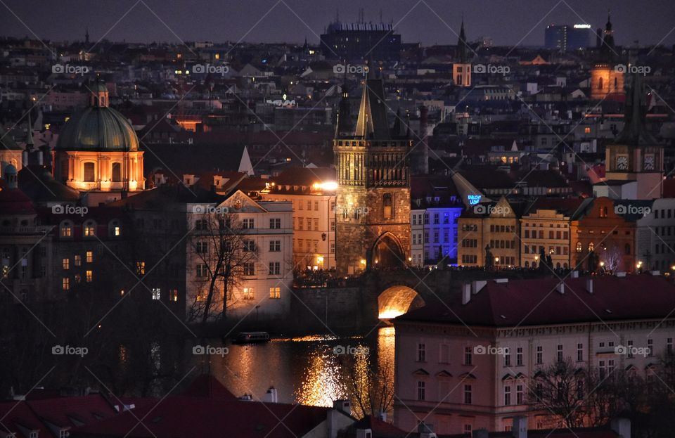 Beautifil evening roof top view on prague city