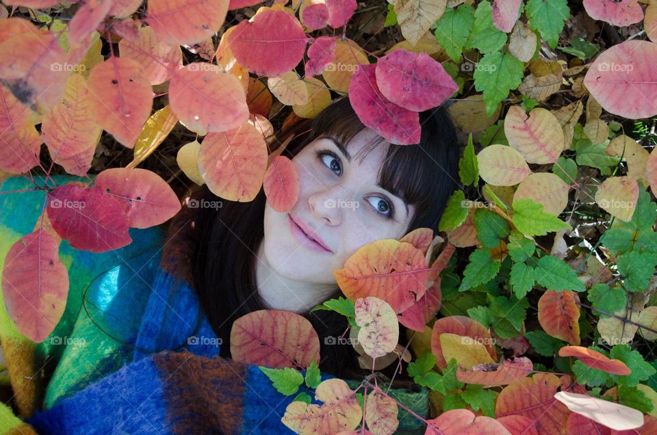 Portrait of a woman brunette on autumn background