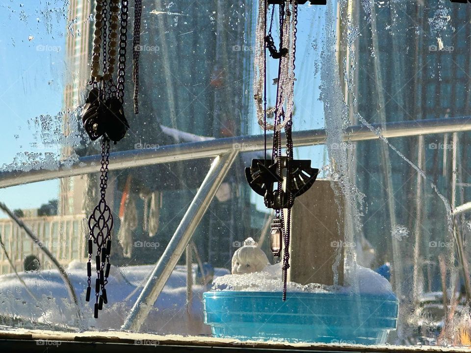 This is the view through the front window of “Salvation”, the “28 foot 1969 Luhrs” cabin cruiser at “Newtown Creek” by the “Pulaski Bridge” in LIC, Queens that I and my longtime partner “Timothy Trespas” call home. 2024. Hypnotic Productions