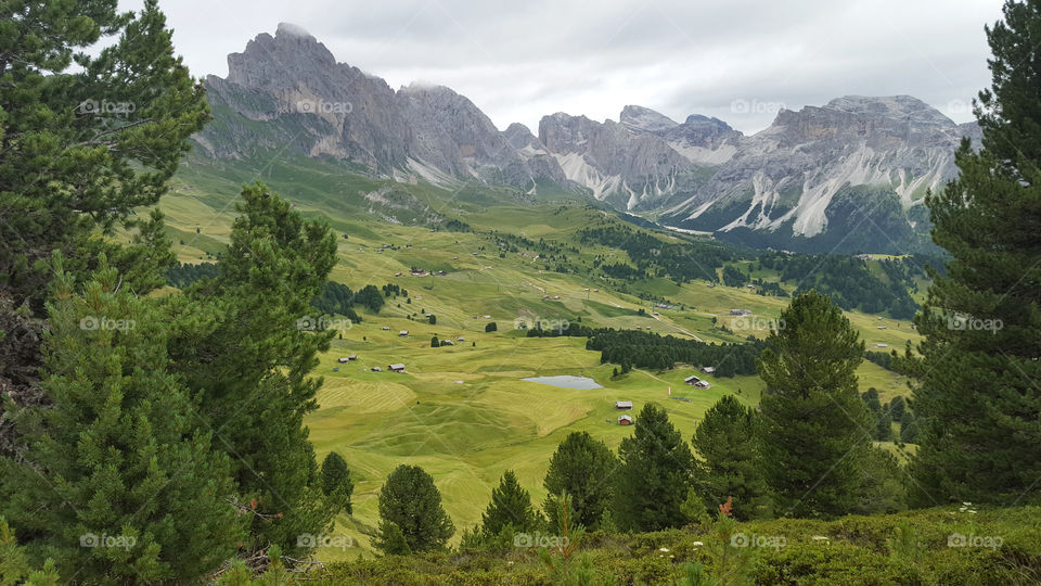 Scenic hiking trail , view of green valley and mountains 