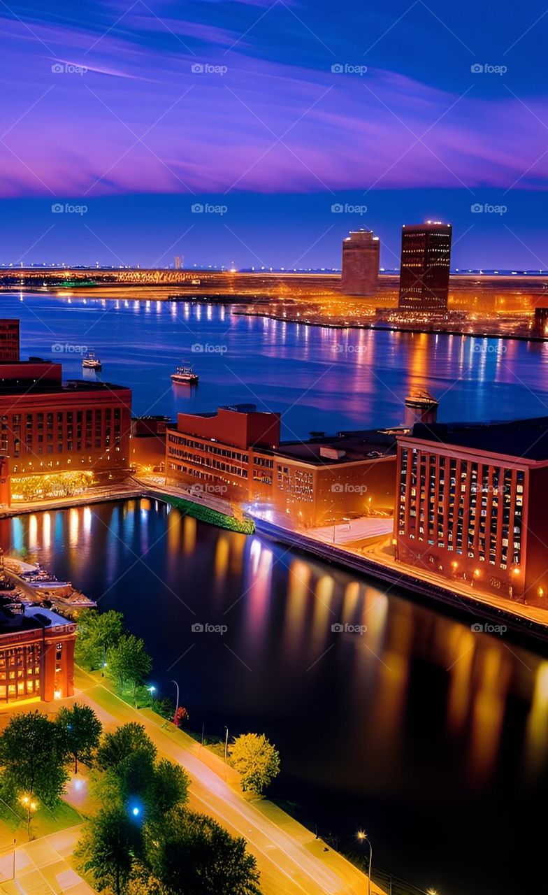 Downtown waterfront surrounded by water with reflections at night 