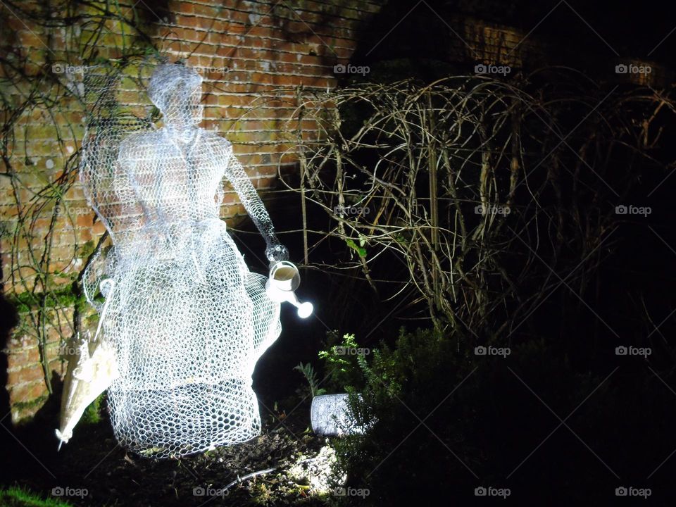 Fairy watering the plants, beautiful wire sculpture, enlightened as ghost