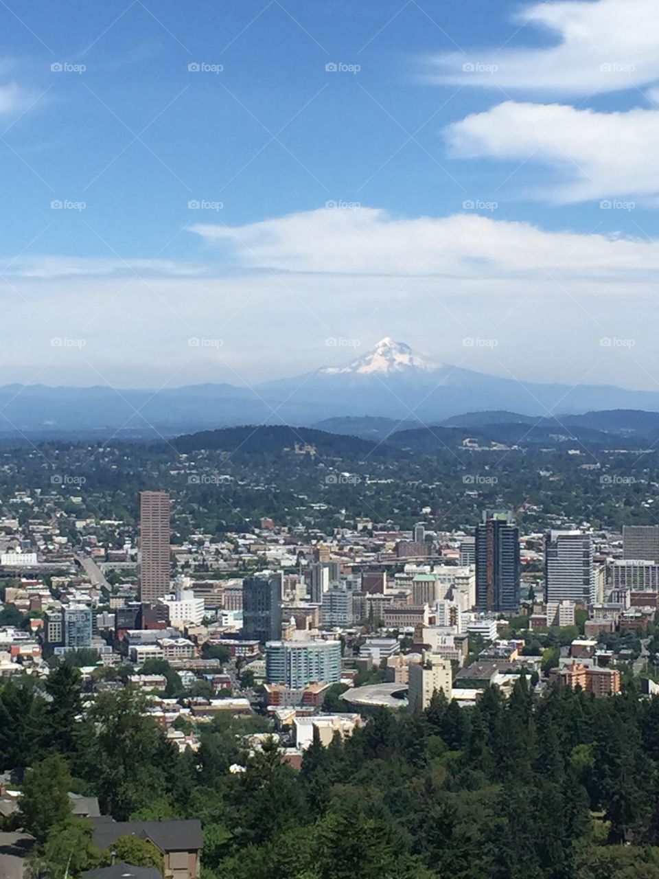 Portland Oregon . View of the city of Portland and mountains 