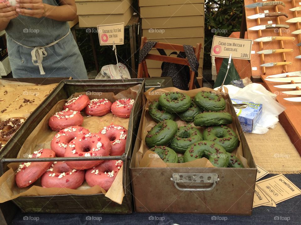 Delicious homemade donuts at the “All Those” food market in Barcelona. 