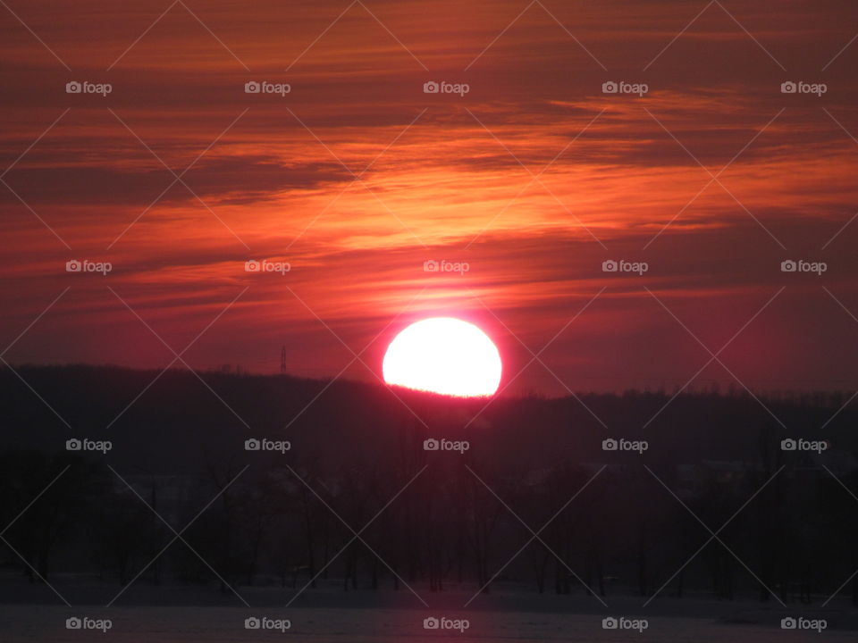 sunset in winter in Central Russia, Voronezh, January, Epiphany frost
