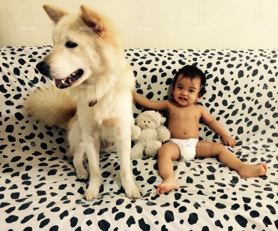 Baby and Dog. 10 months old baby sitting with his dog