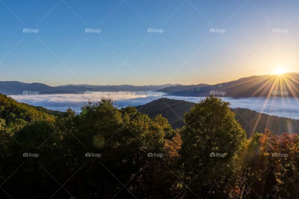 beautiful bright warm sunrise over the North Carolina Smoky Mountains from above looking down on the clouds covering a valley on a cool autumn day