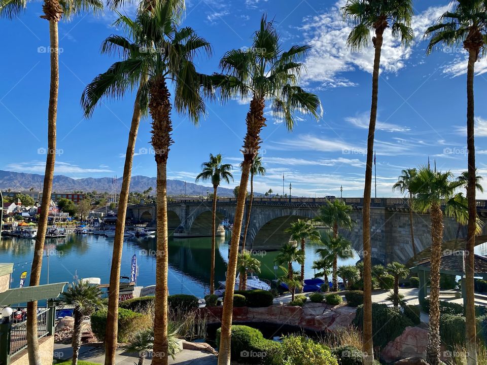 View of the London Bridge from Shugrue's Restaurant and Brewery Group in Lake Havasu City Arizona 