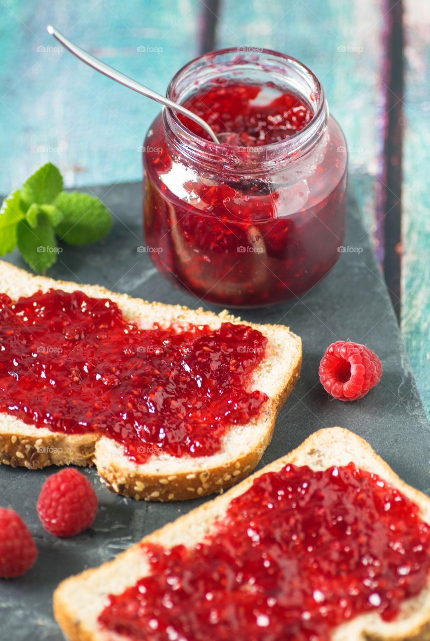 Raspberry jam on bread