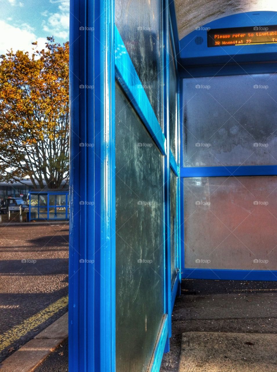 Bright blue bus-stop in Oxford