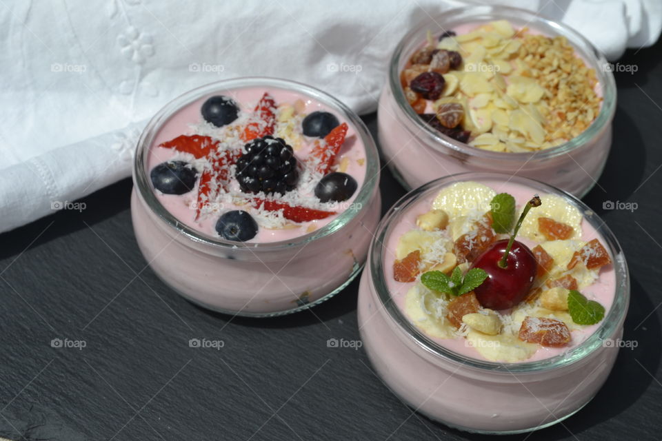 Delicious fruit dessert on table