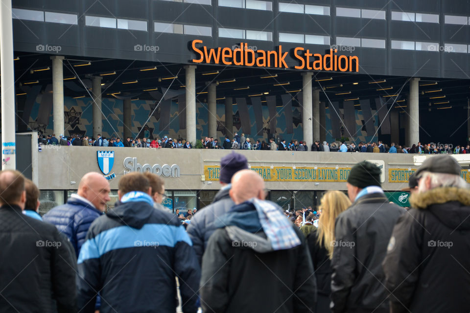 Swedbank Stadium arena in Malmö Sweden. Football game premiere with Malmö top team Malmö FF, start for the football season.