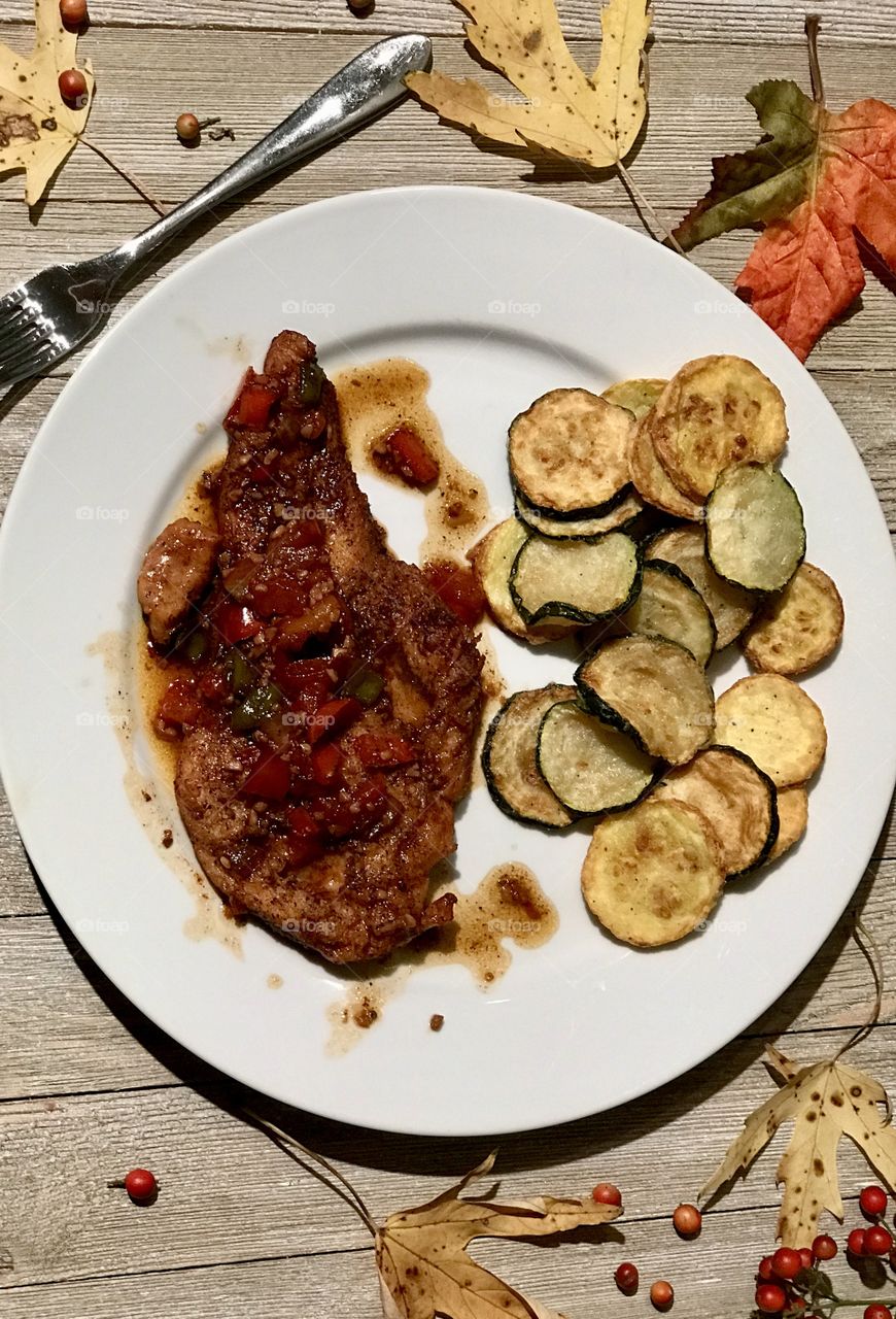Courgette & Yellow Fried Squash With Tenderized Chicken Breast With Re and Green Bell Pepper From My Garden And Onion, garlic, and White Wine