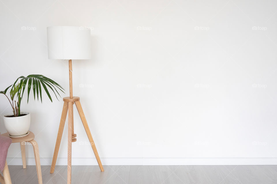 a floor lamp on wooden legs and a houseplant against a white wall