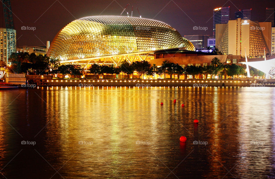 Singapore, city night lights, Marina Bay, landmark, The Durian, Esplanade, Theater, modern architecture