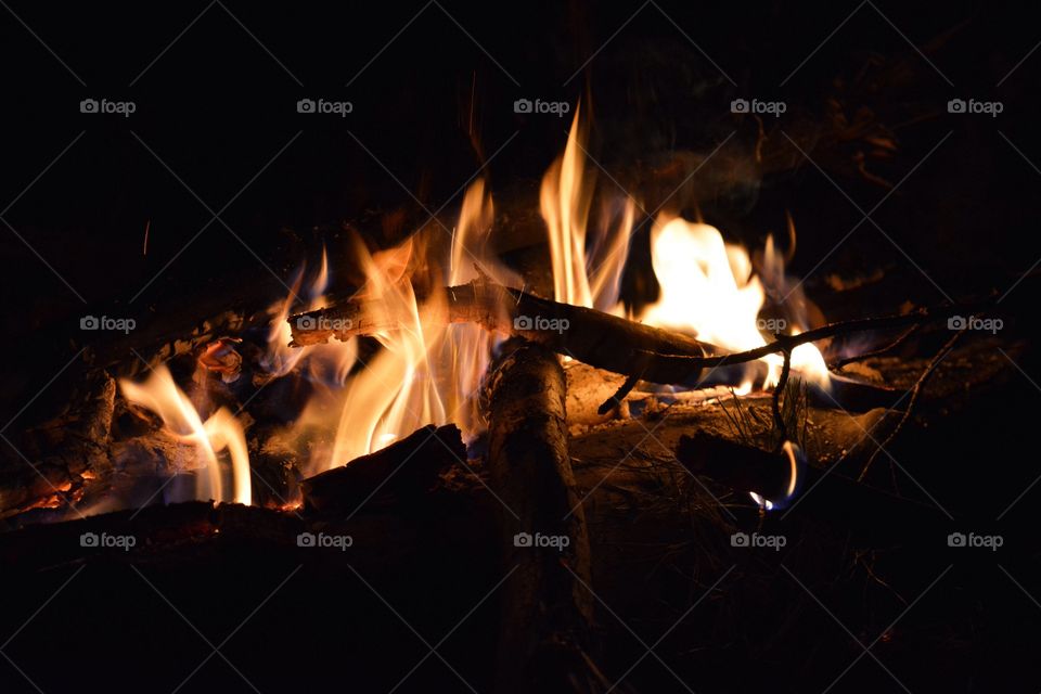 Closeup of campfire at night