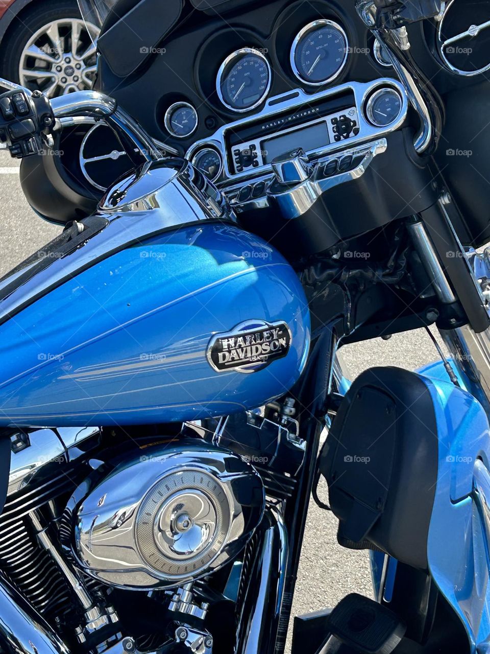 Closeup of blue Harley Davidson gas tank