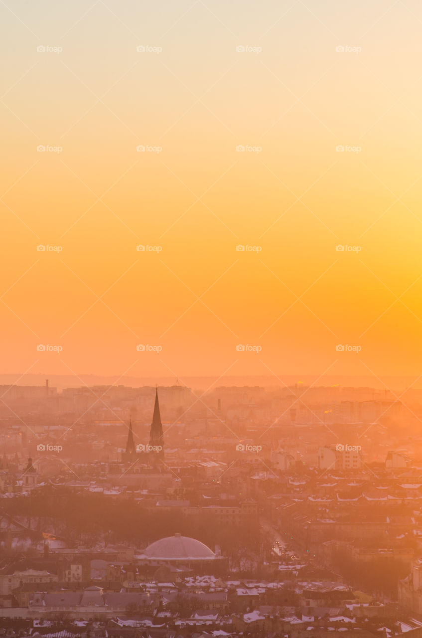 Lviv cityscape during the sunset