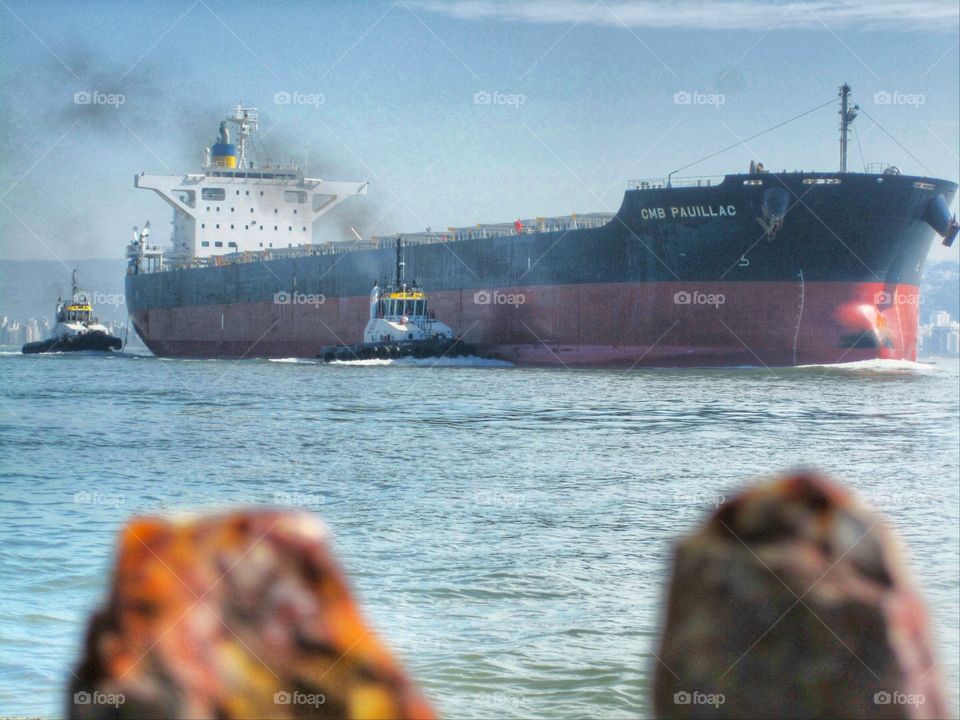 Cargo ship coming to port. Santos bay/Brazil
