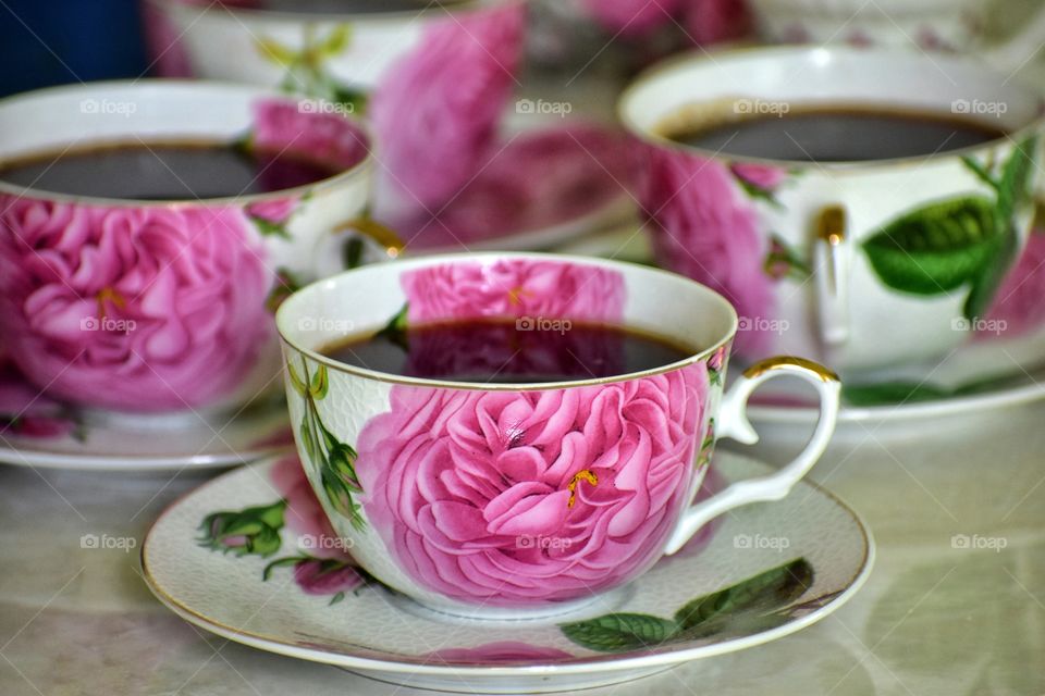 summer tea party - porcelain cups with pink flowers