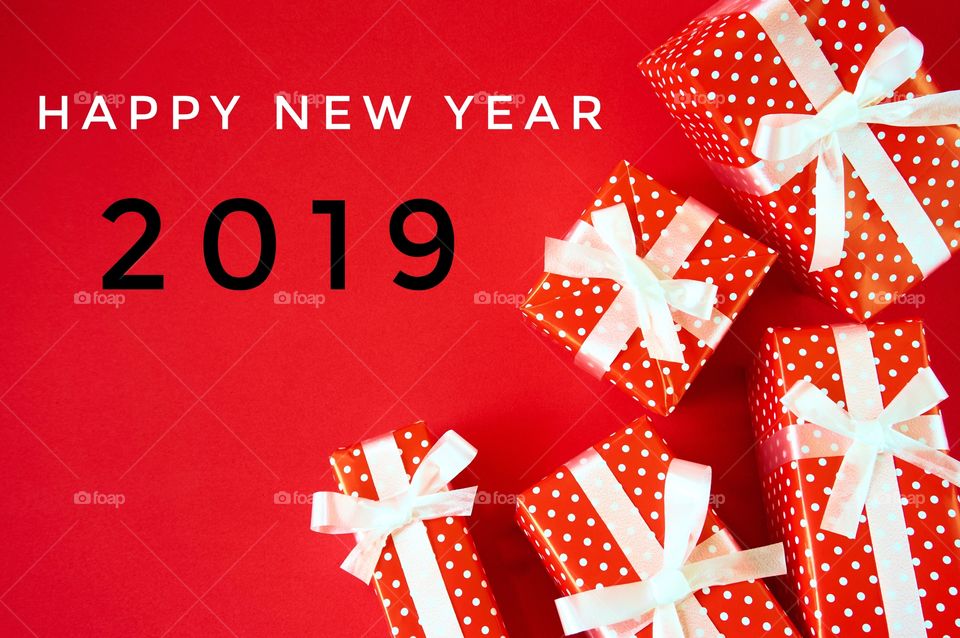 Happy new year 2019 with gift box on red background 