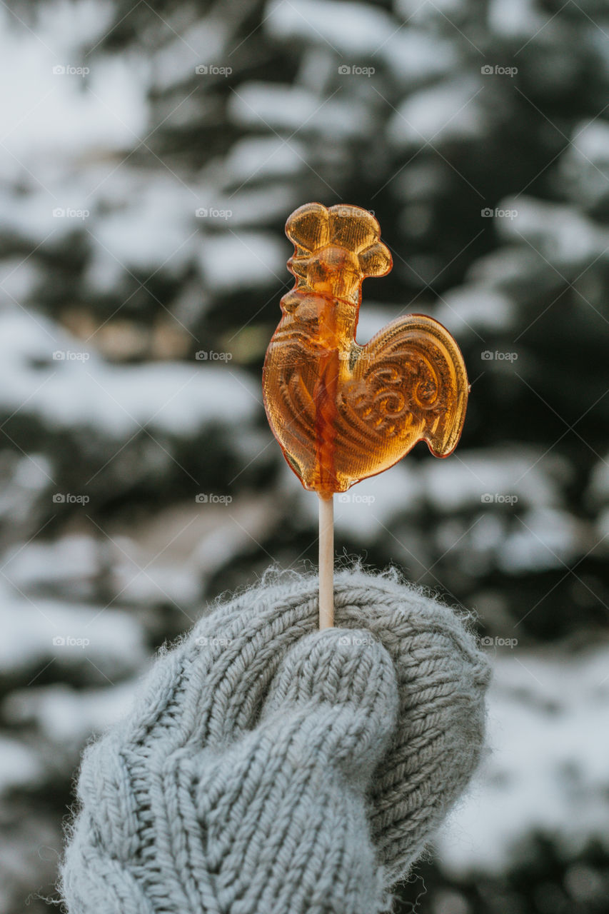 Candy on stick winter outdoors wool mittens