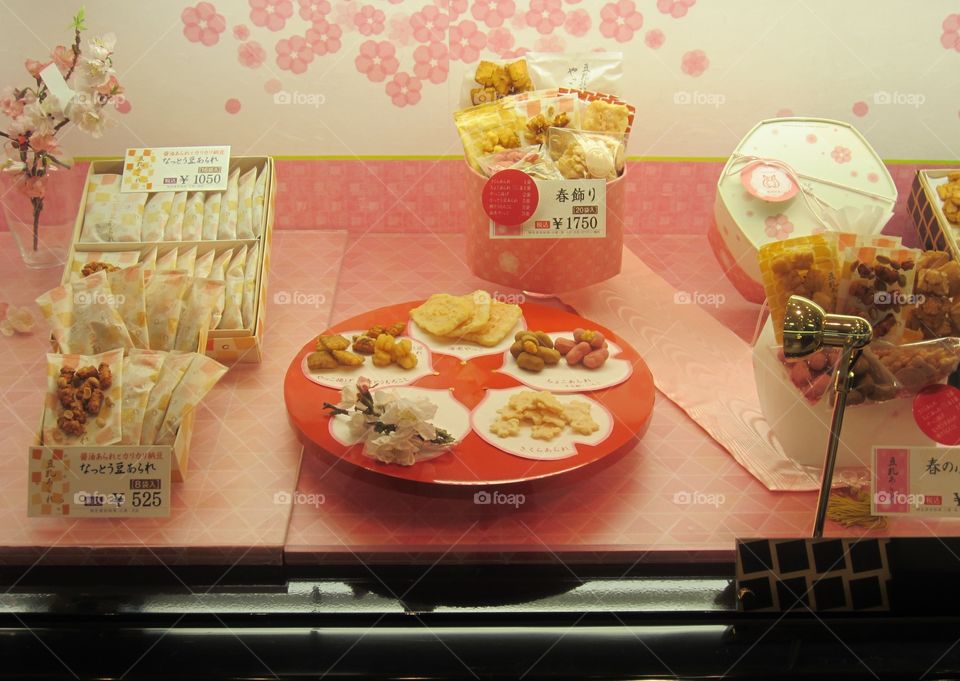 Spring Window Display, Glass.  Snacks and Food, Tokyo, Japan