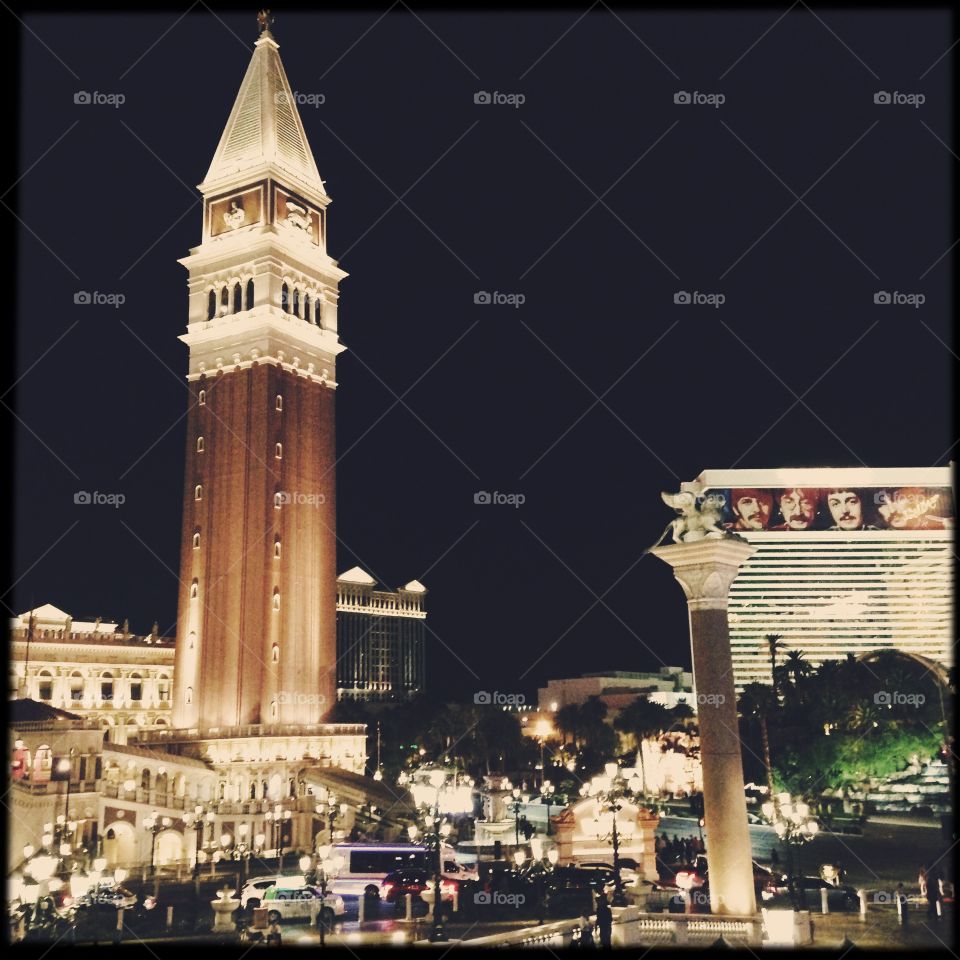 Nighttime Vegas skyline.