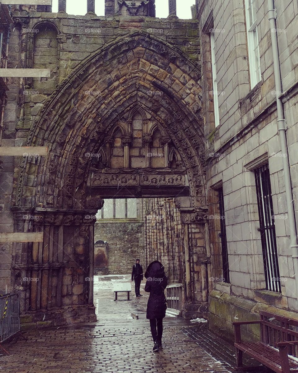 gothic arch in city in winter