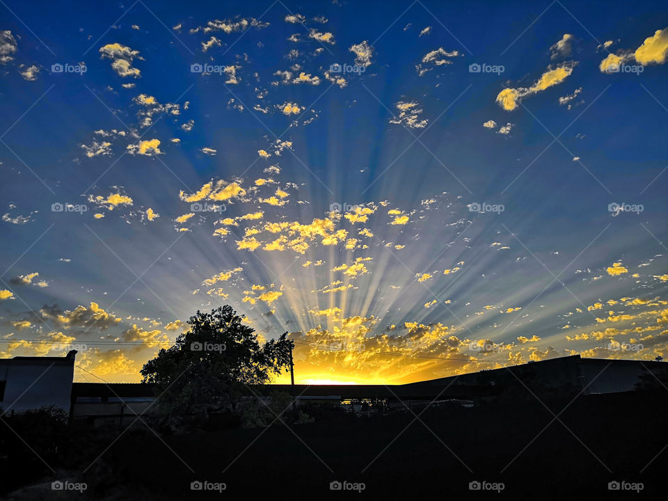 evening sunset, beautiful rays diverge in different directions
