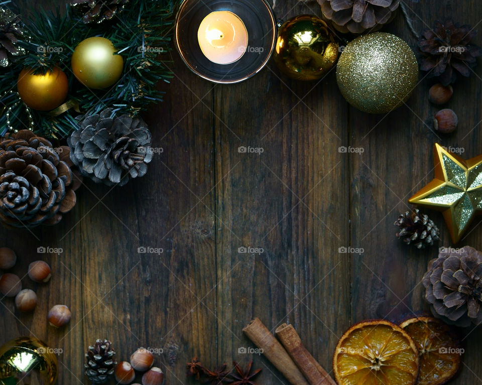 High angle view of christmas decorations on table